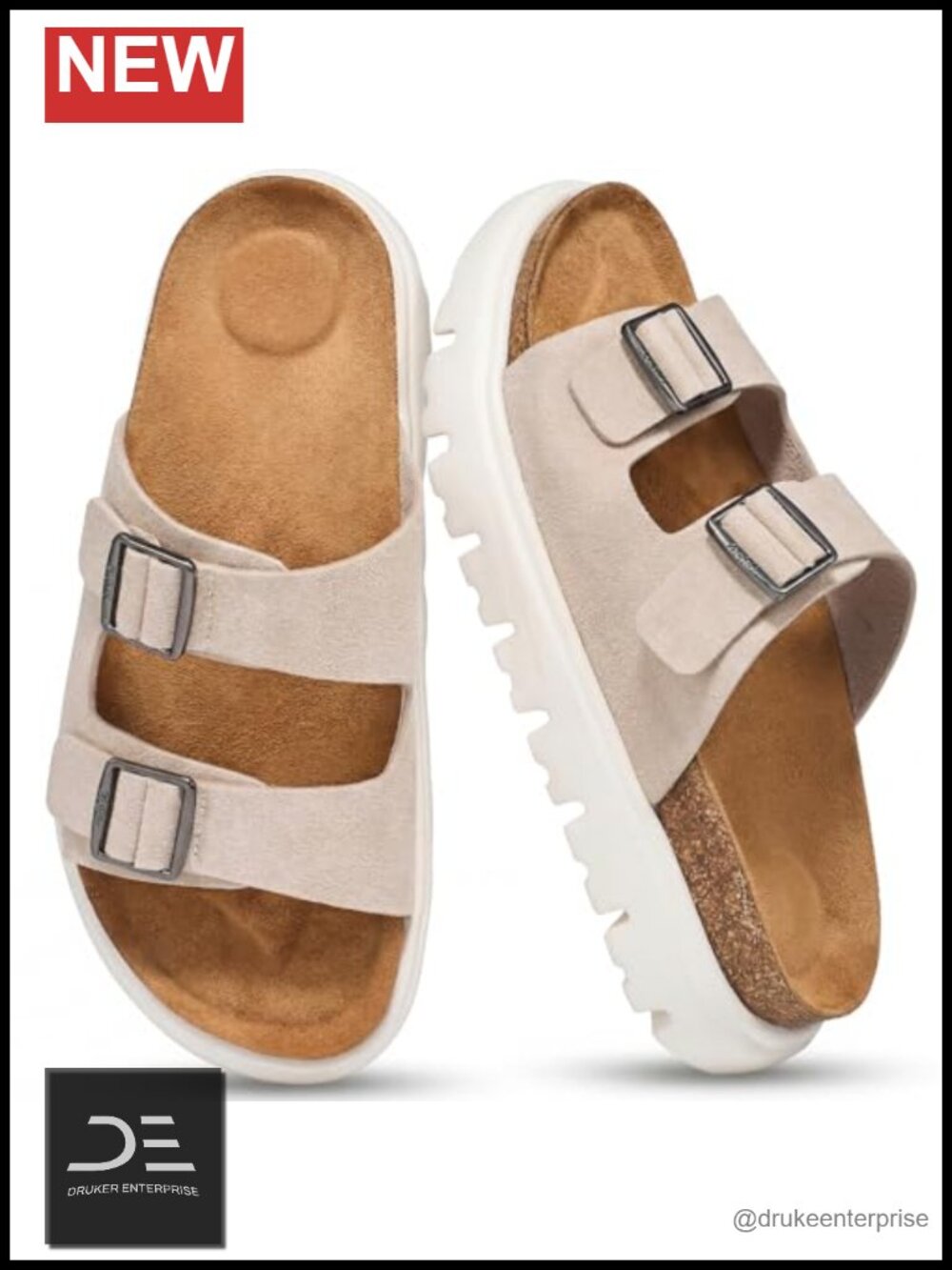 Genuine Leather Platform Sandals with Arch Support, Cork Footbed, Slip On Slides